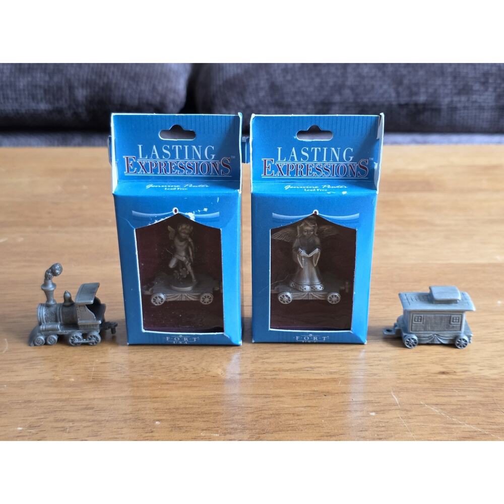 Vintage Pewter Christmas Train Set ANGEL & CUPID With Engine And Caboose Decor